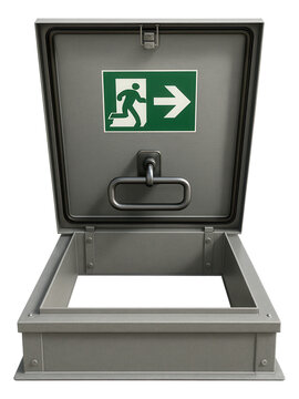 Roof hatch with visible handle and emergency exit signage.