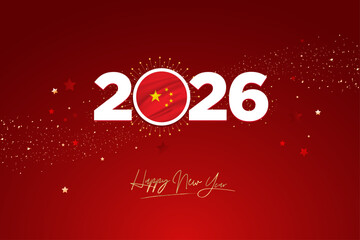“2026” with Chinese flag as zero and “Happy New Year” text on red background, symbolizing festive celebration.	

