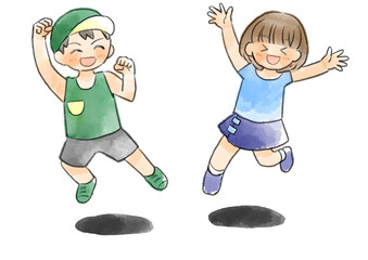半袖の子供達がジャンプしているイラスト　手描き　水彩風