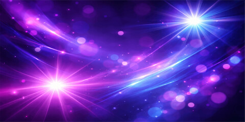 Obraz premium Abstract blue and light backgrounds featuring stars and glowing rays create a shiny space design with a disco laser glow across a bright purple night sky backdrop vector illustration
