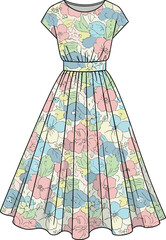 Vintage style floral print midi dress with cap sleeves and pleated skirt vector