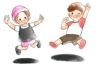 半袖の子供達がジャンプしているイラスト　手描き　水彩風