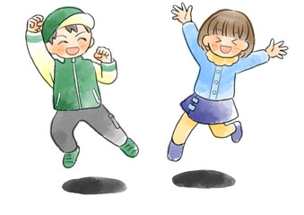 冬服の子供達がジャンプしているイラスト　手描き　水彩風