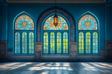 Ornate interior space features three arched windows with vibrant stained glass illuminating the floor