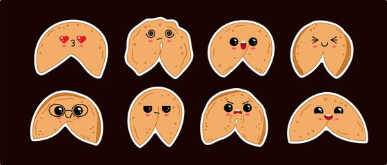 Set of kawaii fortune cookies with different emotions on dark background. Cute cartoon food sticker collection with expressive faces.