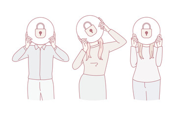 Diverse people in row hold papers with locks painted demonstrate safety and security. Employees or workers show web data protection or information reliability. Cyber privacy. Vector illustration.
