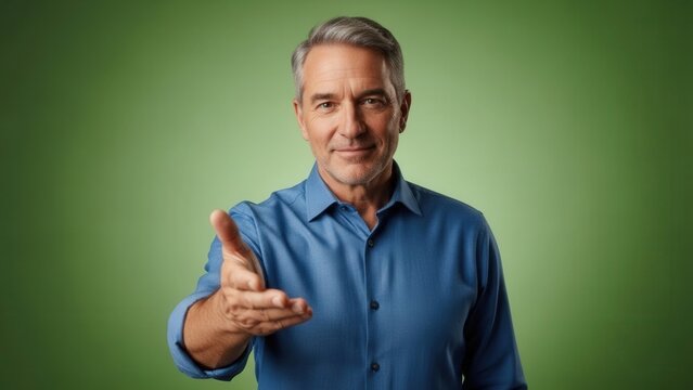 Confident mature man gesturing invitingly against a vibrant green background highlighting charisma