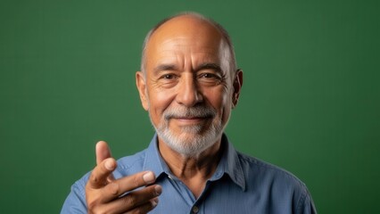 Confident mature man with a warm smile and friendly expression standing against a green backdrop
