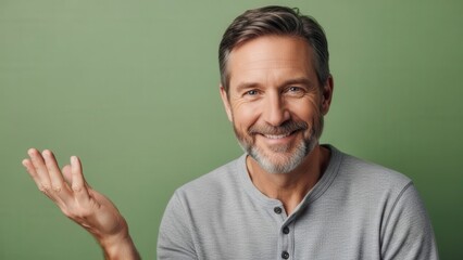 Confident mature man with a warm smile and expressive gesture against a green background