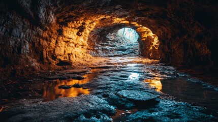 Step into the unknown: An ancient cave, illuminated with soft, warm light reflecting in the waters, beckons toward the outside world. Adventure awaits ahead.