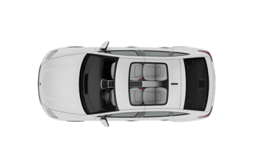 White modern sedan car, with interior and exterior details, cutout, PNG isolated on transparent background