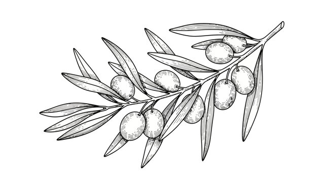 Minimalist black sketch vector illustration of a spring olive tree branch with delicate leaves and floral blossom pattern design for a nature tattoo