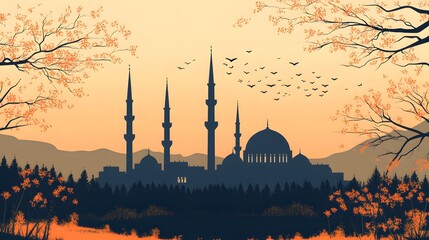 Stylized silhouette of an ornate religious structure with multiple tall minarets set against a warm evening sky