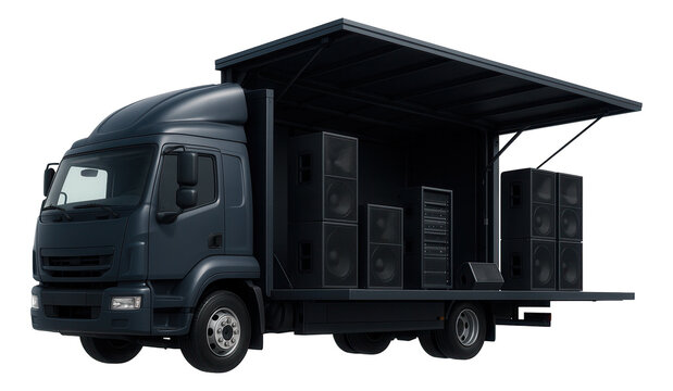 Expandable event stage truck with integrated sound system.
