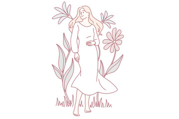 Natural beauty and nature concept. Young smiling blonde woman in white dress barefoot standing between blooming colorful flowers vector illustration