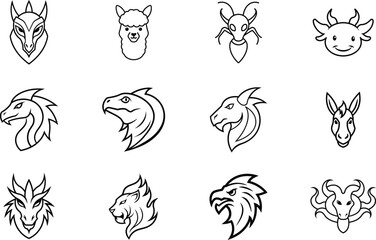 Minimal line animal head icon set modern wildlife logo collection design On white Background  Vector illustration