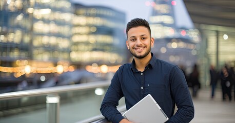 A cheerful young man in a white shirt stands outdoors at night, using a tablet in a city environment with bright lights in the background.