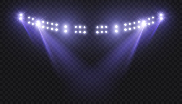 Stage spotlights with purple beams and LED light bar, isolated on transparent background. Lighting effect for concerts, shows, presentations and event design.