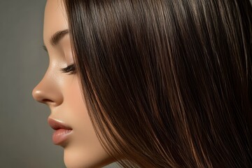 Naklejka premium Beautiful young woman's side profile, natural radiant skin, long dark shiny hair. Ideal for beauty, skincare, hair care advertising, showcasing natural elegance.