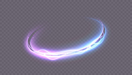 Glowing curved light swoosh with blue and purple energy lines and soft haze, abstract motion trail for futuristic highlights and magic effects. Vector. © Valeriia