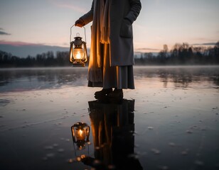 Lone Figure Standing on a Frozen Lake Holding a Glowing Lantern in a Quiet Winter Night Scene