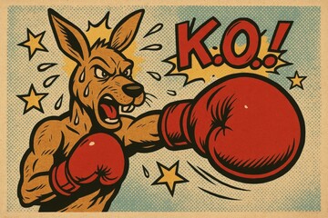 Retro Comic Style Kangaroo Boxing with Knockout Punch Illustration