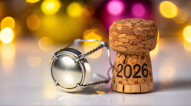A cork oak wine cork and a metal muselet from an uncorked bottle of sparkling wine against a blurred background of holiday lights. New Year 2026. AI generative.