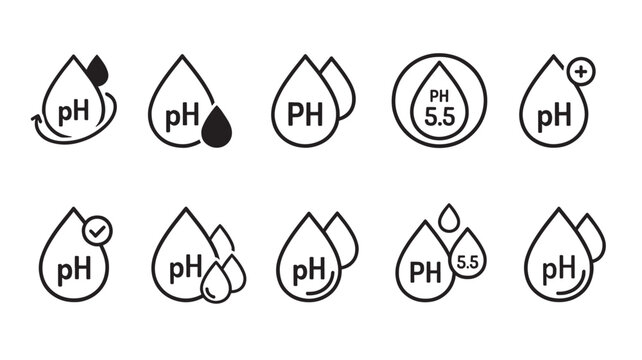 Collection of ph level water drop icons with various indicators on transparent background silhouette