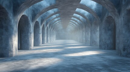 Vast, desolate hall features a repetitive sequence of thick stone arches receding into atmospheric haze