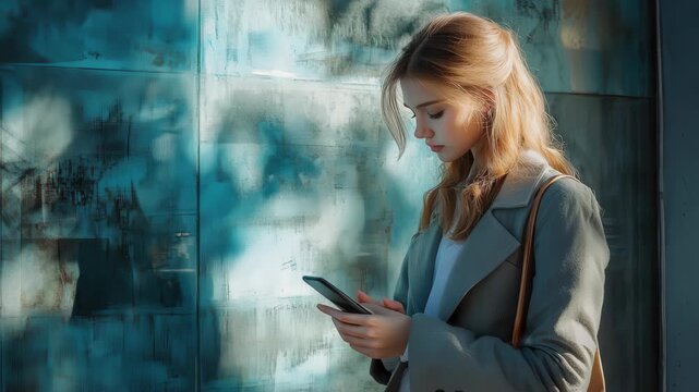 Business girl checking her phone in front of a colorful background in an urban setting during the day