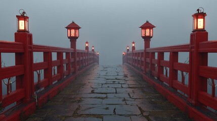 Red bridge with lanterns disappears into fog