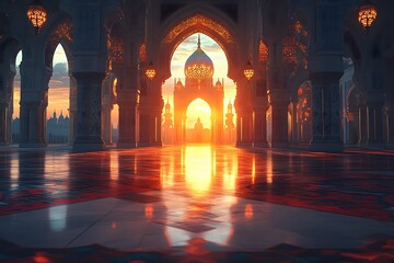 Ornate architectural structure illuminated by a brilliant setting sun viewed from an interior hall