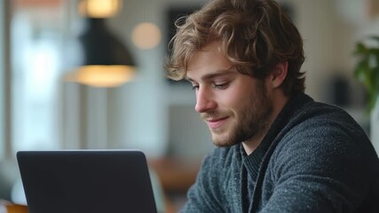 Young man working on a laptop in a stylish home office with warm lighting and a cozy atmosphere during the morning hours