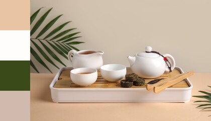 Composition for Asian tea ceremony on table. Different color patterns