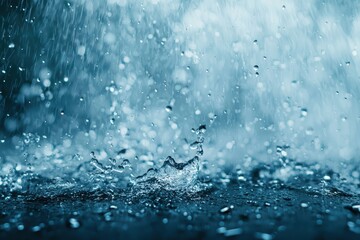 Refreshing rain droplets splashing vigorously on a dark water surface, creating beautiful ripples and dynamic abstract water patterns.