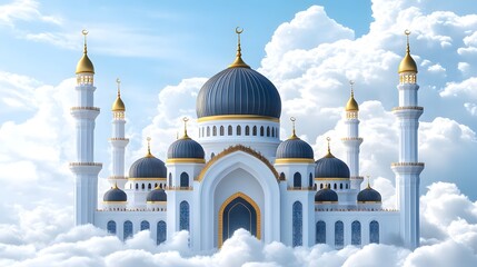 Majestic Islamic place of worship emerges beautifully from fluffy white clouds under a bright blue sky