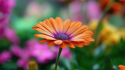 A vibrant, close-up shot capturing the beauty of a daisy-like flower. Its orange petals surround a purple center, set against a blurred backdrop of colorful blooms.