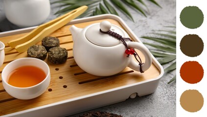 Composition for Asian tea ceremony on table. Different color patterns