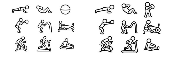 Outline symbols showing gym exercises, fitness activities, equipment, and bodyweight movements