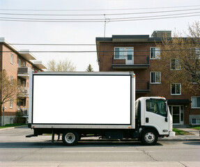 Blank delivery truck billboard mockup on city street with apartment building background