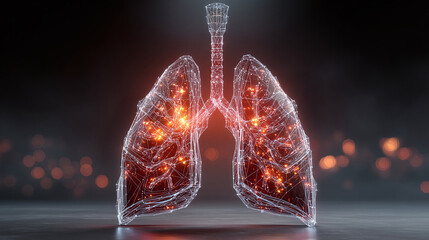 Futuristic digital rendering of human lungs for medical research, innovative technologies in medicine, lung health awareness, and respiratory system studies, in a dark setting.
