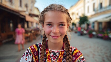 A captivating portrait of a fair-skinned girl with braids, adorned in a vibrant, patterned top, set against the backdrop of a charming European street. Her radiant smile adds warmth.