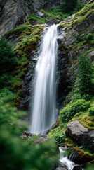 Obraz premium vertical waterfall shot, a peaceful and cinematic vertical shot captures a majestic waterfall in an alpine setting, with vivid details and serene ambiance