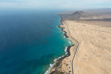 Aerial View of Road Crossing the Corralejo Sand Dunes, Fuerteventura
