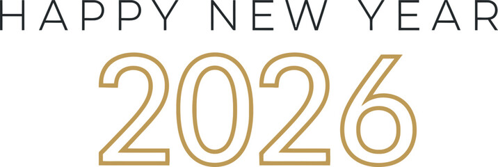 Modern minimalist happy new year 2026 greeting text design in elegant golden and black colors perfect for festive celebrations and holiday cards
