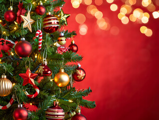 Fototapeta premium Close up view of a decorated christmas tree with festive red and gold ornaments against a bokeh light background