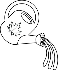Coloring page with watering can with pouring water isolated on white background