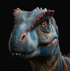 Close-Up 3D Realistic Dinosaur Head Rendering with Textured Skin, Sharp Teeth, and Intense Eyes on Black Background