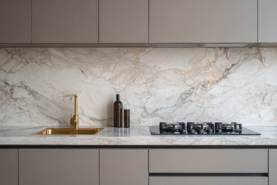 Contemporary kitchen design featuring stone backsplash and integrated cooking surface