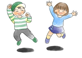 長袖の子供達がジャンプしているイラスト　手描き　水彩風